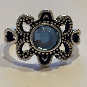 Aquamarine Stone and Silver-plated w/ Oxidation Floral💮Costume Jewelry Ring